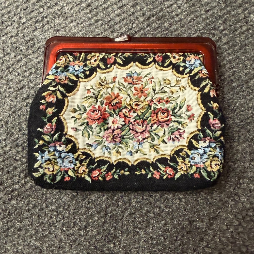Vintage Floral Needlepoint Clutch Faux Tortoiseshell Frame Black Rose Purse